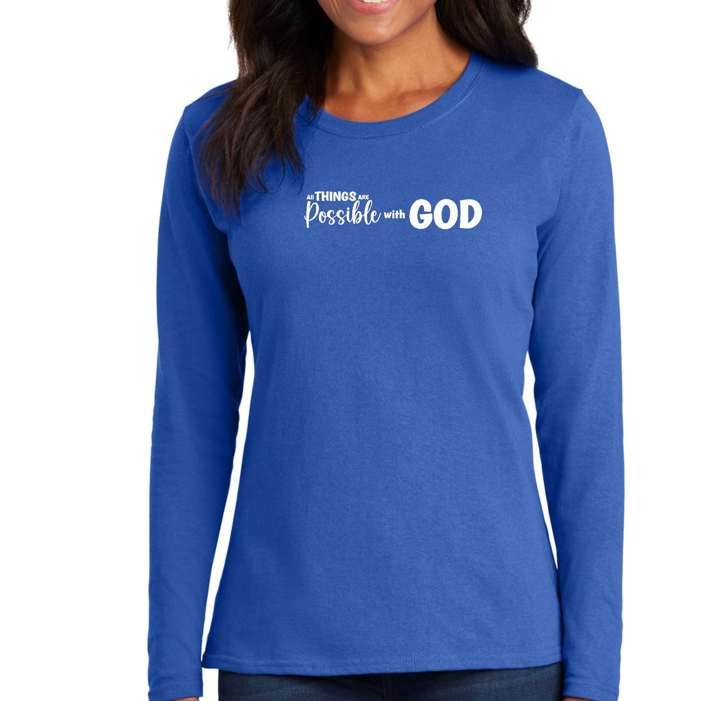 Womens Long Sleeve Graphic T-shirt - All Things are Possible with God
