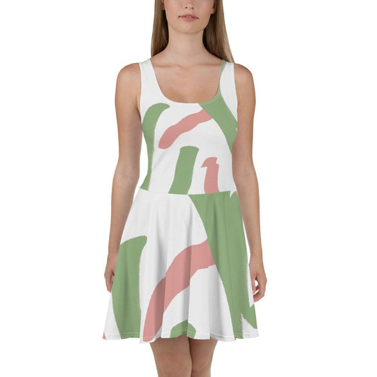 Womens Skater Dress - Green Mauve Abstract Brush Stroke Pattern-1