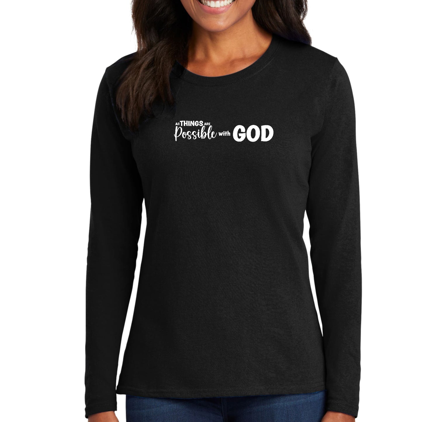 Womens Long Sleeve Graphic T-shirt - All Things are Possible with God